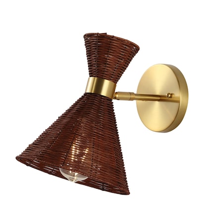 Jonathan Y Zoey 10" 1-Light Mid-Century Vintage Retro Rattan/Metal LED Sconce w/Adjustable Shade, Dark Brown/Bra JYL1601B