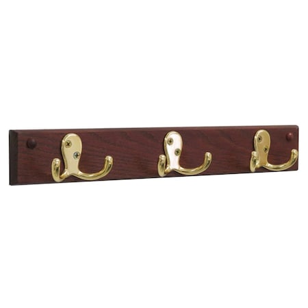 Wooden Mallet 3 Double Prong Brass Hook Rail & Coat Rack Mahogany HSD3BMH