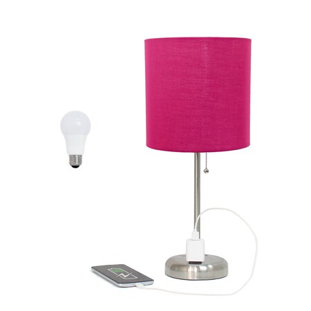 Homeroots 20" Silver Metal Table Lamp LED With Pink Drum Shade 642902