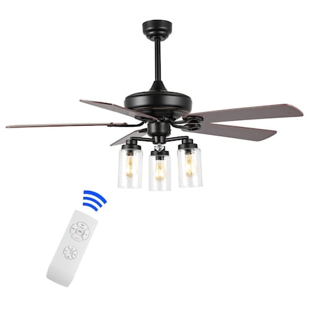 Jonathan Y Lucas 52" 3-Light Rustic Industrial Iron/Wood/Seeded Glass Mobile-App/Remote-Controlled LED Ceiling JYL9614A