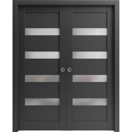 Sartodoors Sliding French Dbl Pocket Doors 36 x 84in, Matte Black Frosted Glass, Kit Trims Rail Hardware QUADRO4113DP-BLK-3684