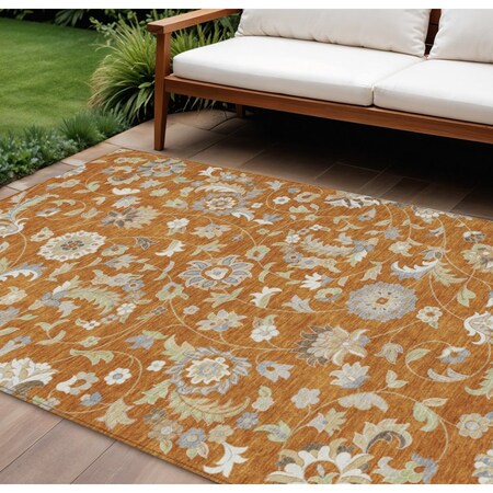 Homeroots 9' X 12' Copper Green And Gray Floral Washable Indoor Outdoor Area Rug 597846