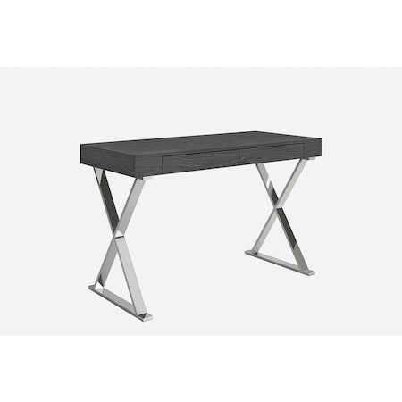 Homeroots 47" Gray and Silver Wood and Stainless Steel Mirrored X-Shape Writing Desk With Two Drawers 372196