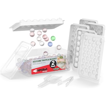 Emporio Kitchen Round Ice Cube Tray Set Pack of 2, BPA-Free, 33 Ice Balls per Tray, Lid & Tongs, White EMPICES32WH