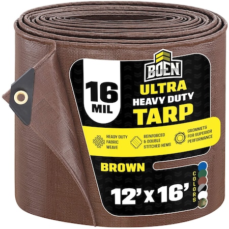 Boen Ultra Heavy Duty Tarp, 12 ft x 16 ft, 16 Mil, Brown, Polyethylene BR16T-1216