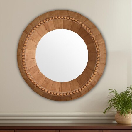 Homeroots 30" Brown Solid Wood Round Accent Mirror 607303
