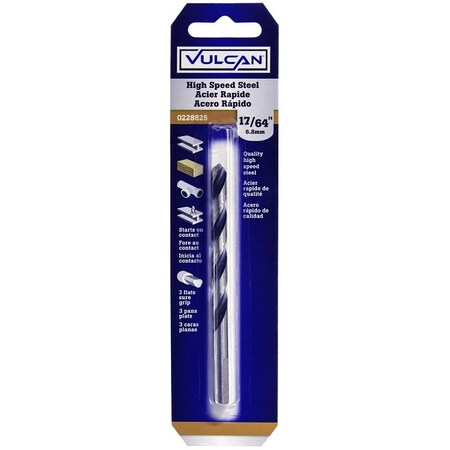 Vulcan 231591OR Jobber Drill Bit, 17/64 in Dia, 4-1/8 in OAL, 3-Flat Shank PTA250618/231591O