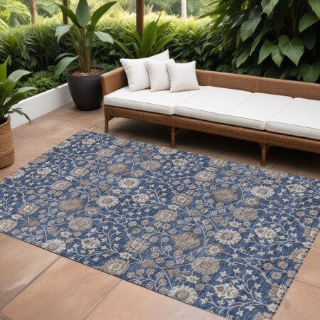 Homeroots 10' X 14' Navy Blue Brown And Beige Floral Washable Indoor Outdoor Area Rug 605436