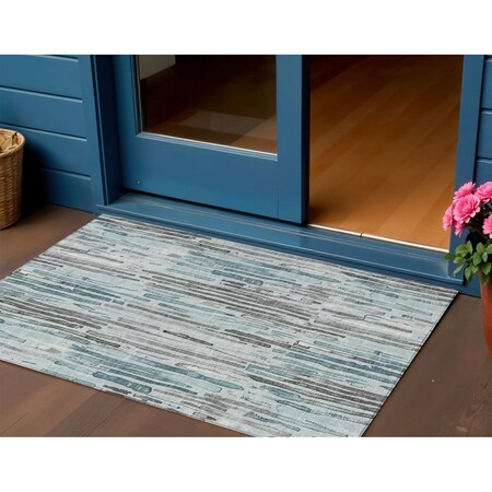 Homeroots 3' X 5' Teal Blue And Gray Striped Washable Indoor Outdoor Area Rug 617698