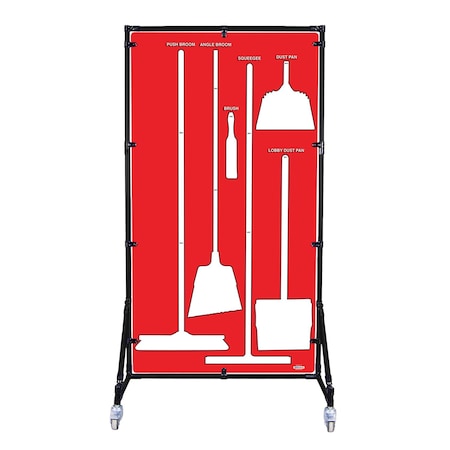 5S Supplies Housekeeping Shadow Board Broom Station V3, Red / White Shadows, Kit + Stand, No Text HSB-V3-RED/WHITE-KIT-STAND-NO TEXT