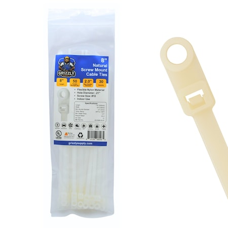 Grizzly Supply Screw Mount Cable Tie, 8 in L, 50 lb Strength, 2.2 in Max Bundle Dia, Nylon 6/6, Natural, 30PK GS-SM8-50-9T