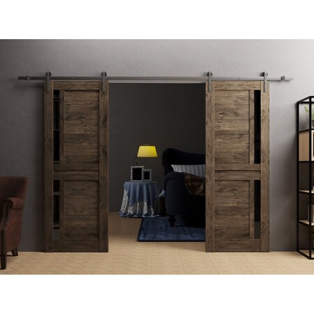 Sartodoors Sturdy Dbl Barn Door 48 x 96in W/, Cognac Oak W/ Black Glass, SS 13FT Rail Hangers Heavy Set VEREGIO7588DB-S-AKA-4896