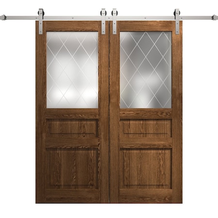 Sartodoors Modern Double Barn Door 84 x 84 inches, Ego 5011 Cognac Oak Veneer, 14FT Silver Rail Track Set, S EGO5011DB-S-DKO-8484