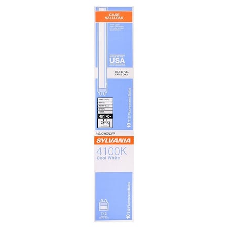 Sylvania Fluorescent Bulb, 4100 K Color Temp, Cool White, 1850 Lumens, 40 W, T12 Lamp, Medium Lamp Base, 10PK 22461
