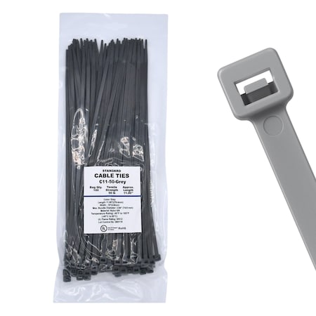 Cable Ties Unlimited Cable Tie, 11 in L, 50 lb Strength, 3.2 in Max Bundle Dia, Nylon 6/6, Gray 100PK C11-50-Gray