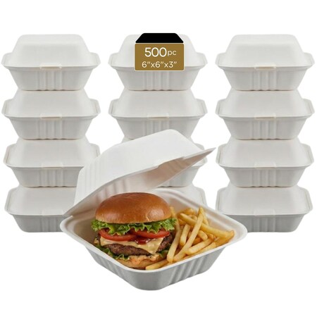 Eco Harmony Products Bagasse Hinged Food Storage Container, PFAS-Free, White, 6" x 6", 500PK 804606
