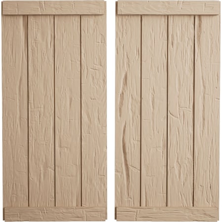 Ekena Millwork Rustic Four Board Joined Board-n-Batten Hand Hewn Faux Wood Shutters w/End Batten, 22W x 32H, PR SHUBJE22X32HHPR
