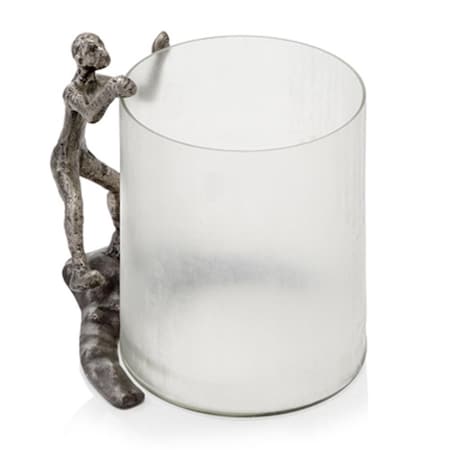 Homeroots 10" Silver And Glass Climbing Man Hurricane Candle Holder 354823