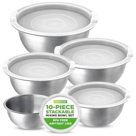 Nutrichef 10 Piece Stainless Steel Mixing Bowls with Lids Set, Dishwasher Safe, 5 Stackable Nesting Bowls and NCMBWLID