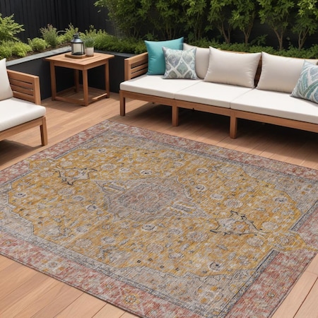 Homeroots 8' X 10' Gold And Peach Medallion Washable Indoor Outdoor Area Rug 616271