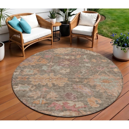 Homeroots 8' Brown Tan And Terra Cotta Round Floral Washable Indoor Outdoor Area Rug 604110