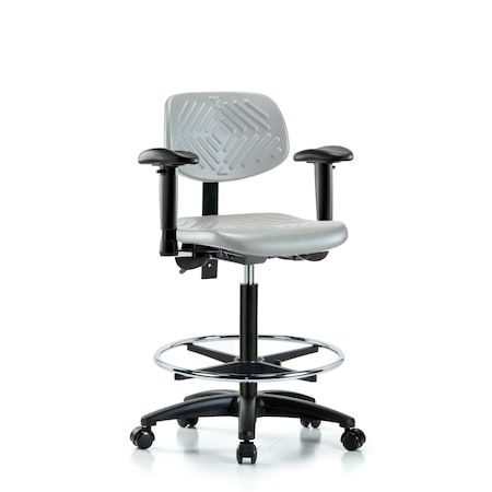 Blue Ridge Ergonomics Poly Chair-High Bench Height with Adjustable Arms, Chrome Foot Ring, & Casters in Gray Poly PHBCH-RG-T0-A1-CF-RC-GRY