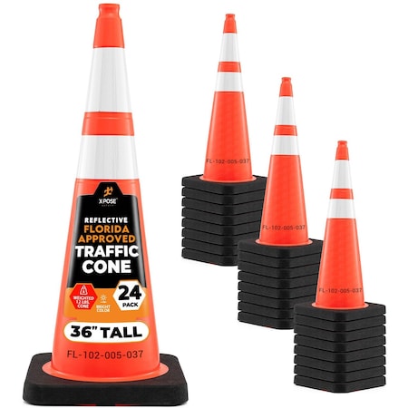 Xpose Safety FDOT 36 Inch Orange Traffic Cone with 6in & 4in Reflective Collars 12lb, Florida DOT #, 24PK OTC36-64-FL-24-X