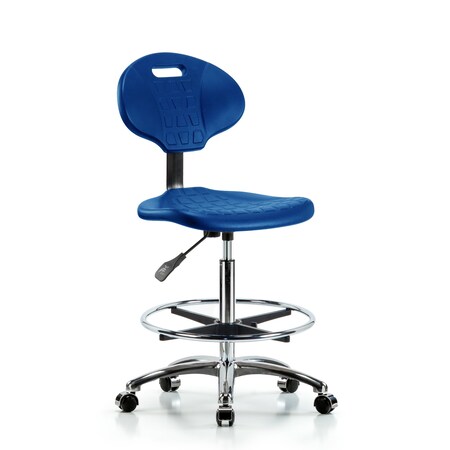 Blue Ridge Ergonomics Erie Poly Chair Chrome, High Bench, Foot Ring, Chrome Casters, Blue BR-TPHBCH-CR-A0-CF-CC-BLU