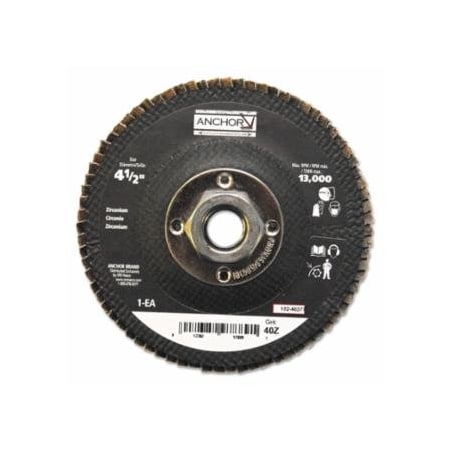 Anchor Brand Abrasive High Density Flap Disc, 4-1/2 in dia, 40 Grit, 5/8-11 arbor, 12000 RPM, Type 27, 10PK 102-40377