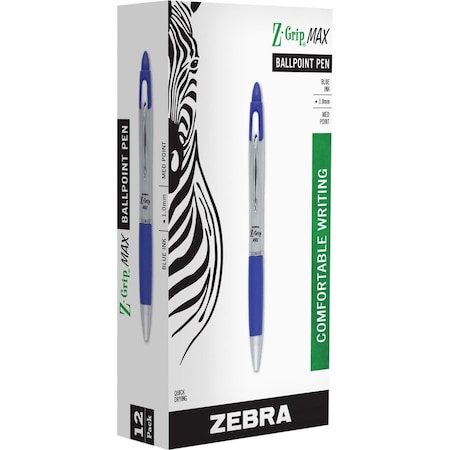 Zebra Pen Zebra Z-Grip Max Retractable Pen, 1.0mm, Silver Barrel, Blue Ink, Dozen 22420