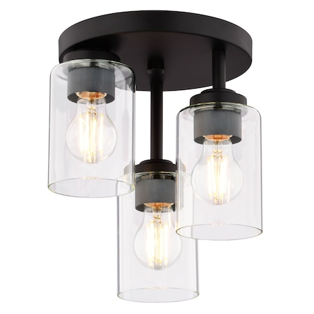 Vaxcel Park Ridge 3-Light Black Transitional Semi Flush Mount Fixture Clear Glass Shade C0326