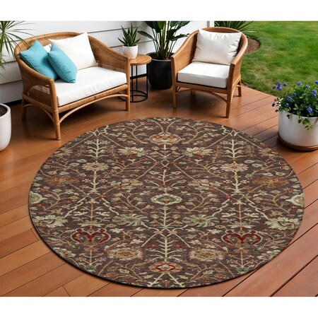 Homeroots 8' Chocolate Tan And Green Round Floral Washable Indoor Outdoor Area Rug 603409