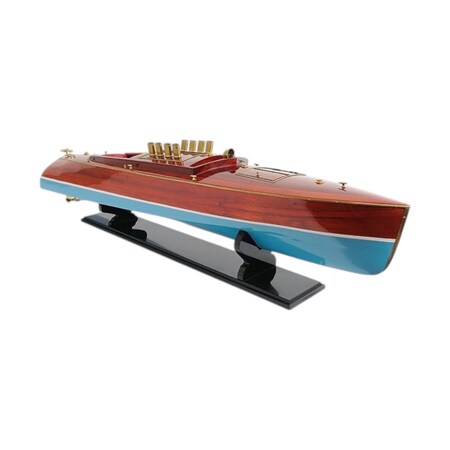 Homeroots 9" Blue and Brown Solid Wood Hand Painted Model Boat Tabletop Sculpture 401861
