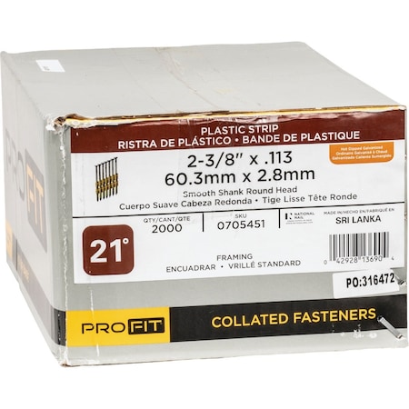 Pro-Fit 2-3/8''x0.113'' 21 Deg Plastic Strip Round Head Hot Dipped Galvanized Framing Stick Nails, 2000 Ct. 705451