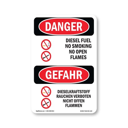 Signmission OSHA Danger Sign, Diesel Fuel No Smoking Bilingual, 14in X 10in Rigid Plastic, OS-DS-P-1014-VG-1124 OS-DS-P-1014-VG-1124
