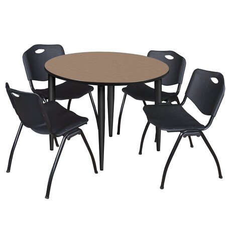 Regency Round Kahlo Breakroom Table W/ 4 M Stack Chairs, 48 in W, 48 in L, Noble Oak TPL48RNDNOBK47BK