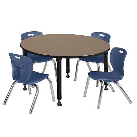 Regency Round Kee Adjustable Classroom Table W/ 4 Andy Stack Chairs, 48 in W, 48 in L, Noble Oak TB48RNDNOAPBK45NV