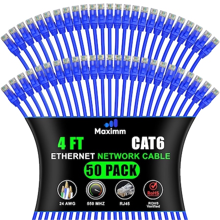 Maximm Cat6 Ethernet Cable 10Gbps 550MHz UTP, 50PK, Blue, 50PK BL50PK06