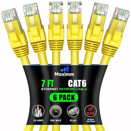 Maximm Cat6 Ethernet Cable 7ft 10Gbps 550MHz UTP, 6PK, Yellow, 6PK CAT6CCA-7YL-6PK