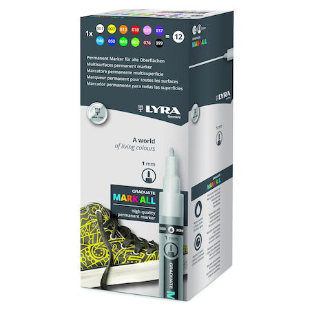 Lyra Graduate Mark All Permanent Paint Markers Set, Assorted Colors, 1mm Small Tip, 12-Piece Set L6811120