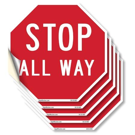 Signmission Stop All Way, 6 inch X 6 inch, Vinyl Decal, 5PK OC-D-5PACK-6-9