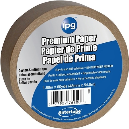 Intertape Packaging Tape, 54.8 m L, 1.88 in W, Kraft Flat Back Paper Backing, Brown 9341