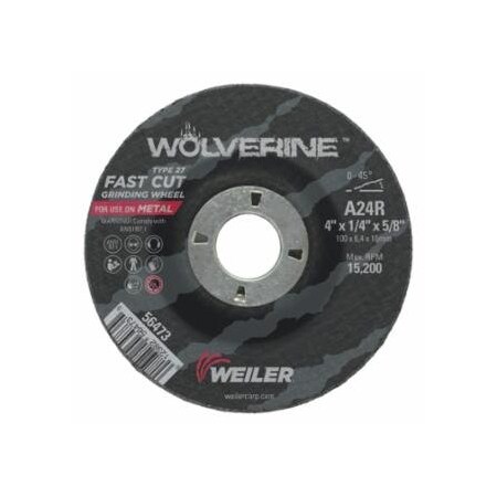 Weiler Wolverine Grinding Wheel, 4 in dia x 5/8 in Arbor x 1/4 in Thick, AO, 24R, 10PK 804-56473