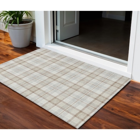 Homeroots 3' X 5' Linen And Brown Plaid Washable Indoor Outdoor Area Rug 601326
