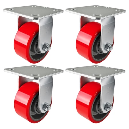 Hyw Products Heavy Duty Caster Set 4in Red Polyurethane on Cast Iron Wheels, 4 Rigid, 4PK 40-40R-A1-PC-4 (R)