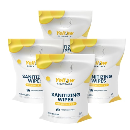 Yellow Essentials 2,000-Count Sanitizing Wipes, Large 8in x 5in Wipe, Gym Wipes Refill Bag - 4/Case, 4PK YE001-2000-4PK