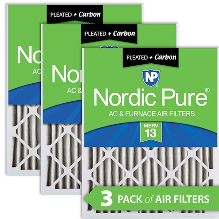 Nordic Pure 20x20x2 Plus Carbon Pleated Air Filter, High Capacity, MERV 13, 3 PK 20x20x2M13+C-3
