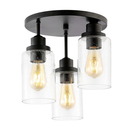 Jonathan Y Jonah 12" 3-Light Bohemian Farmhouse Iron/Seeded Glass LED Semi Flush Mount, Black/Clear JYL7556A