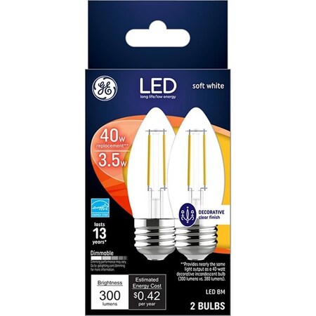 Ge LED Bulb, Decorative, 300 Lumens, 3.5 W, BM Lamp, 40 W Equivalent, E26 Lamp Base, Dimmable, PK2 23179