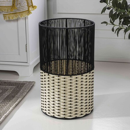 Happimess Harper Modern 4.13-Gallon 2-Tone Faux Wicker Cylinder Outdoor Trash Can, Black/Cream HPM1101D
